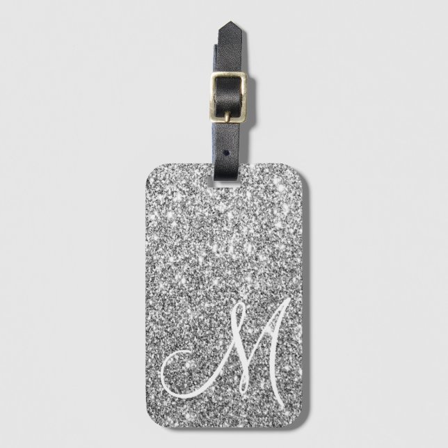 Etiqueta Para Maletas Personalizado Monogrammed Luxe Silver Purpurina Et (Anverso vertical)