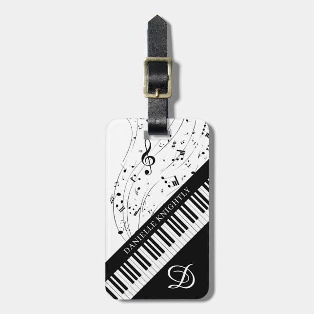 Etiqueta Para Maletas Personalizado Piano Music Notes Script Name Black  (Frente Vertical)