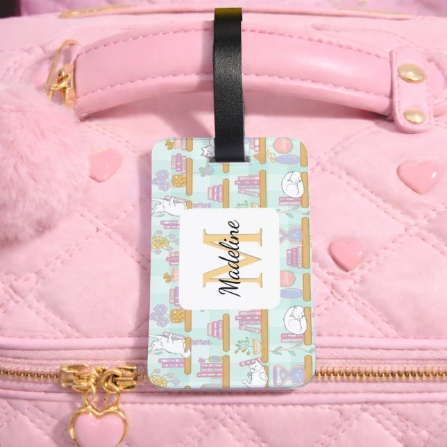 Etiqueta Para Maletas Personalized Cats Library Book Girl Mint Green (Subido por el creador)