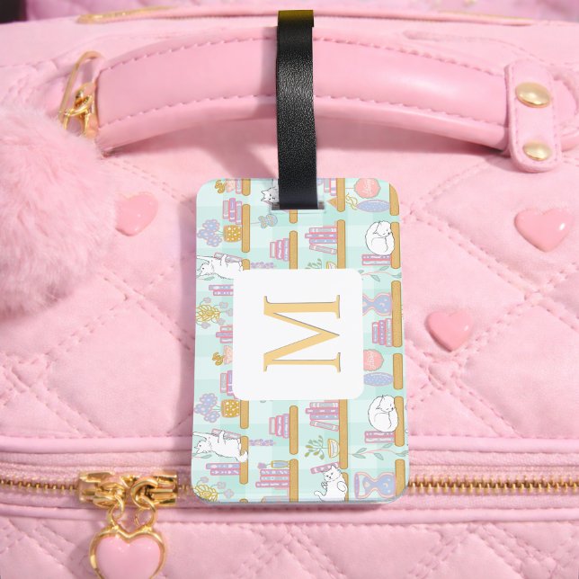 Etiqueta Para Maletas Personalized Letter Cats Library Book Girl Green (Subido por el creador)