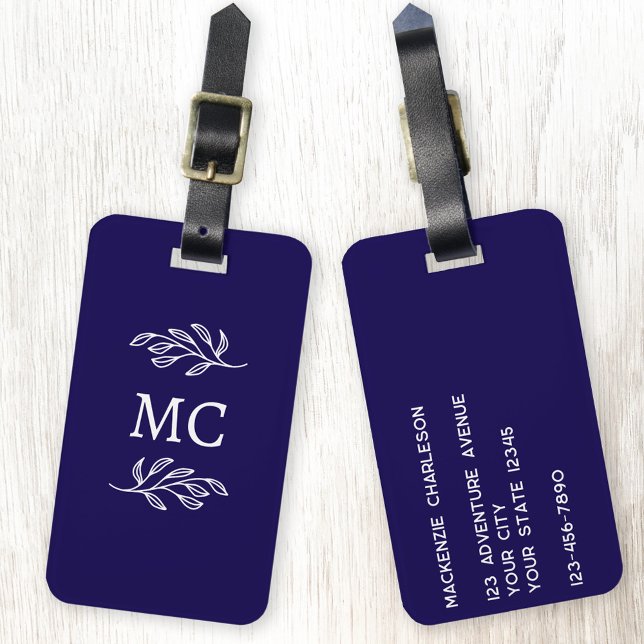 Etiqueta Para Maletas Personalized Monogram Initials Botanical Leaf (Personalized monogram initial botanical leaf art minimalist navy blue luggage tag)