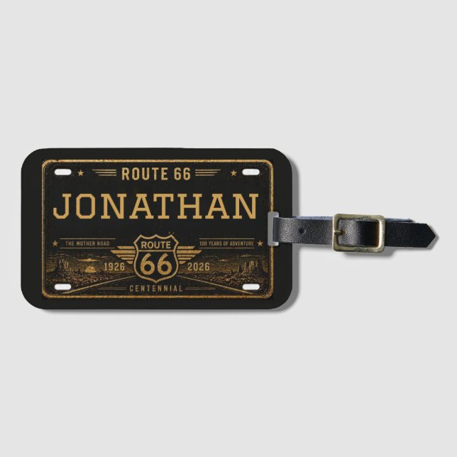 Etiqueta Para Maletas Personalized Route 66 License Plate Black Gold  (Anverso horizontal)