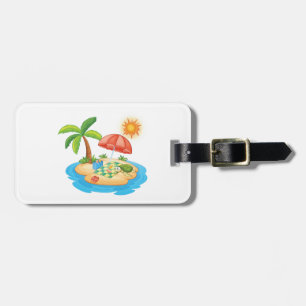 Etiqueta Para Maletas Picnic en la playa de la isla tropical con palmera