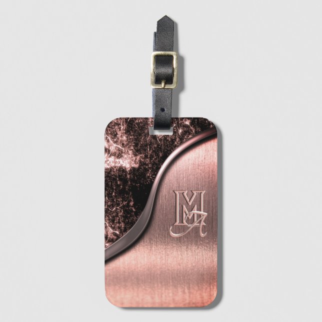 Etiqueta Para Maletas Piedra metalizado y metálica rosada monogramada (Anverso vertical)