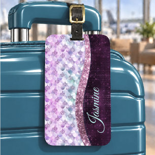 Etiqueta Para Maletas Piel de sirena rosa plateado falso brillo monogram