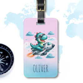 Etiqueta Para Maletas Piloto de Dino Trex lindo volando aeronave a reacc