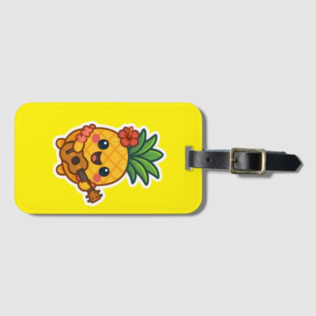 Etiqueta Para Maletas Piña Kawaii sonriente - Tropical (Anverso horizontal)