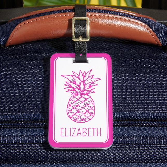 Etiqueta Para Maletas Piña rosa tropical perrito personalizada (Anverso In situ 2)