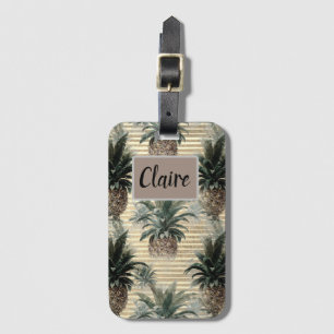 Etiqueta Para Maletas Piña vintage a rayas de Relieve metalizado dorado