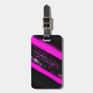 Etiqueta Para Maletas Pinceles modernos de neón negro rosa monogramo lug