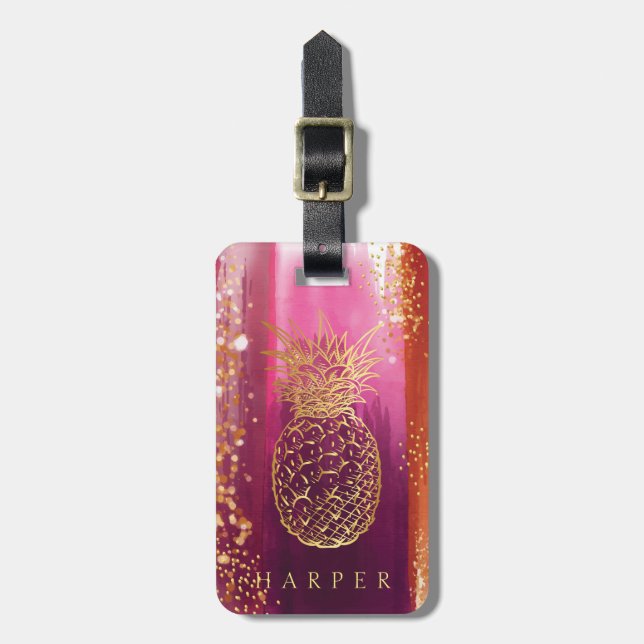 Etiqueta Para Maletas Pineapple Purpurina Oro Rosa Personalizado (Frente Vertical)