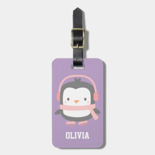 Etiqueta Para Maletas Pingüino Lindo Morado Niñas Personalizado Morado