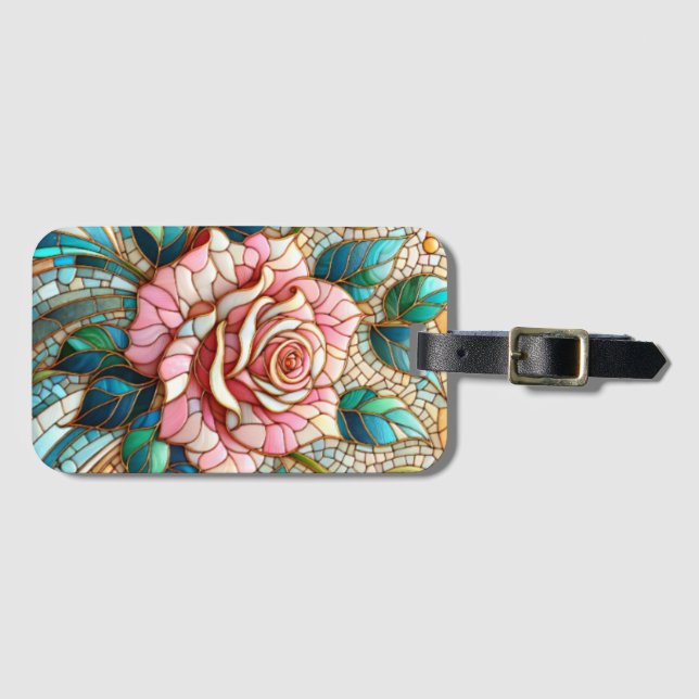 Etiqueta Para Maletas Pink Roses Stained Glass Mosaic (Anverso horizontal)