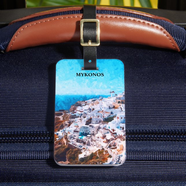 Etiqueta Para Maletas Pintado de acuarela de Mykonos Grecia (Anverso In situ 2)