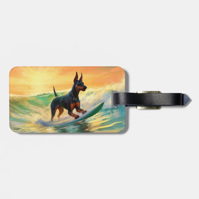 Etiqueta Para Maletas Pintura Doberman Beach Surfing (Atrás Horizontal)
