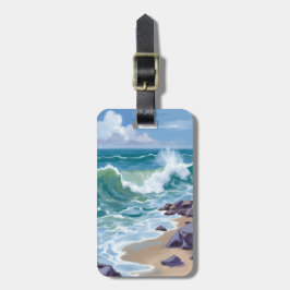 Etiqueta Para Maletas Pintura en Acuarela de Olas del Océano Azul