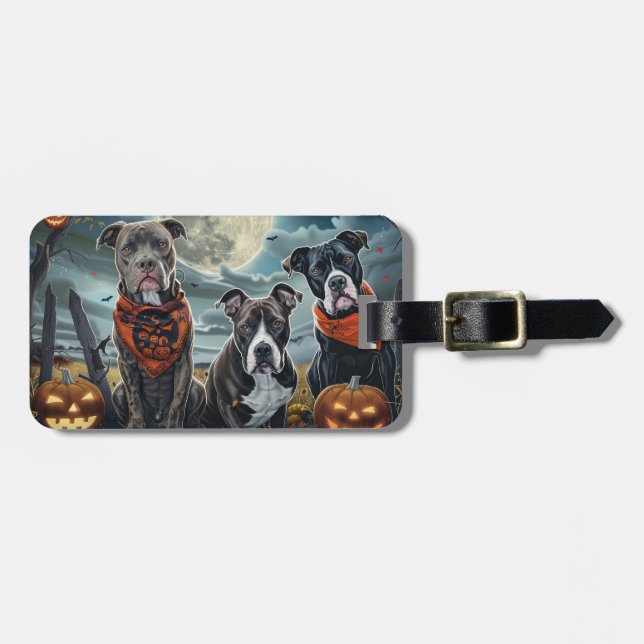 Etiqueta Para Maletas Pitbull Halloween Spooky (Frente Horizontal)