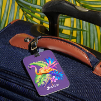 Etiqueta Para Maletas Plantas tropicales y Flamingo Purple personalizado