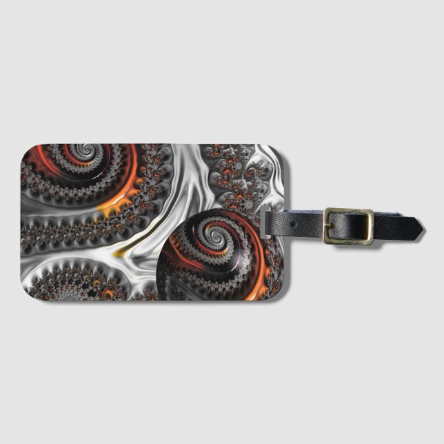 Etiqueta Para Maletas Plata y Naranja Mandelbrot con Esfera (Anverso horizontal)