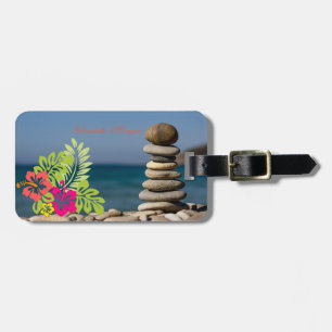 Etiqueta Para Maletas Playa, Piedras Zen, Hibisco Hawaiano