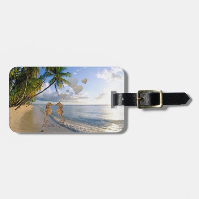 Etiqueta Para Maletas Playa tropical, palma, caballitos de mar personali (Frente Horizontal)