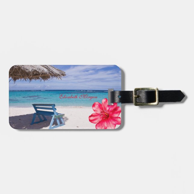 Etiqueta Para Maletas Playa Tropical, Silla, Hibisco (Frente Horizontal)