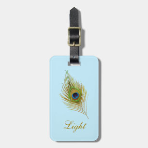 Etiqueta Para Maletas Pluma de pavo real y caligrafía sobre azul claro