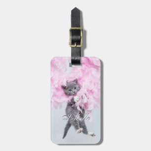 Etiqueta Para Maletas Pluma rosa de gato.
