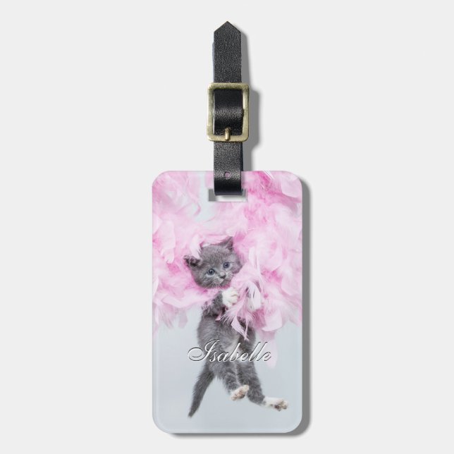 Etiqueta Para Maletas Pluma rosa de gato. (Frente Vertical)