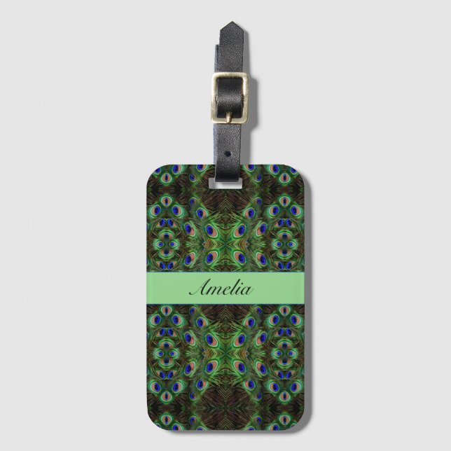 Etiqueta Para Maletas Plumage real - Patrón de plumas de pavo real de lu (Anverso vertical)