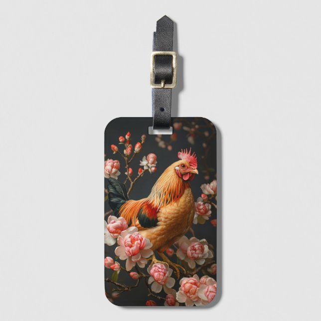 Etiqueta Para Maletas Pollo rodeado de flores rosas (Anverso vertical)