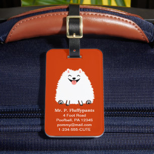 Etiqueta Para Maletas Pomerania Blanca Divertida con Texto Personalizabl