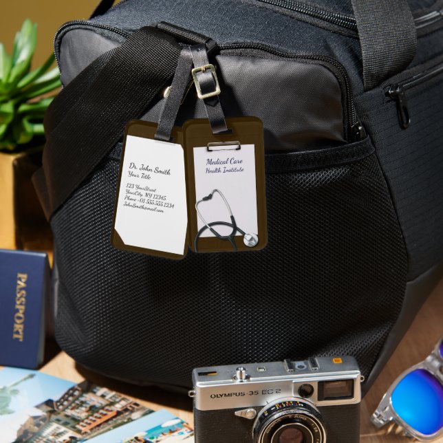 Etiqueta Para Maletas Portapapeles médico marrón con Stethoscope (Anverso & Reverso)