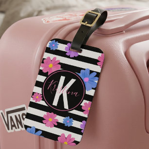 Etiqueta Para Maletas Preppy a rayas negras y blancas con flores rosas y
