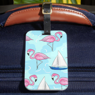 Etiqueta Para Maletas Preppy de barco de vela azul Flamingo rosa