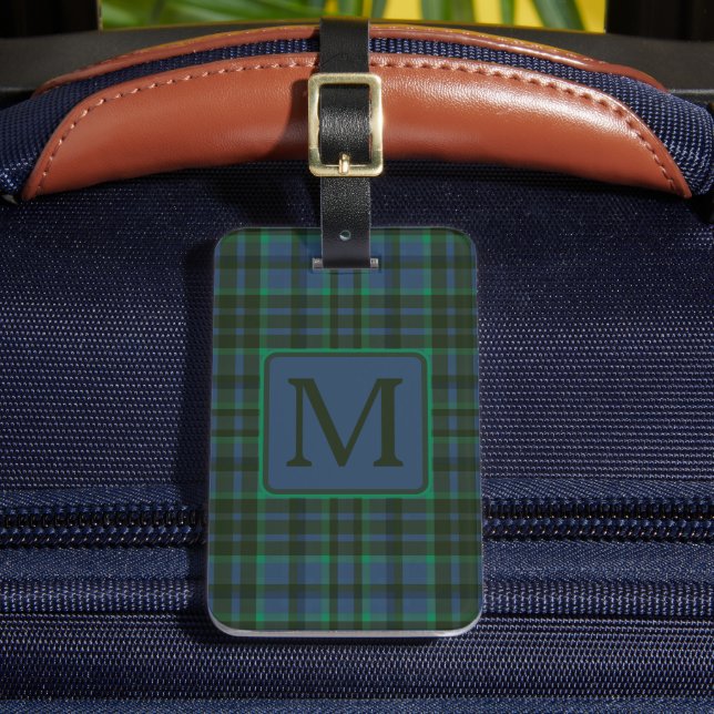Etiqueta Para Maletas Preppy Green and Blue Plaid Monogram (Anverso In situ 2)