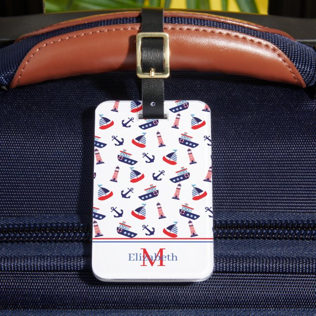 Etiqueta Para Maletas Preppy Nautical Sailboats Monogram (Anverso In situ 2)