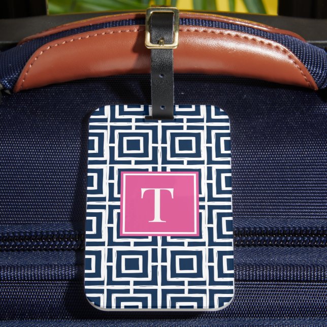 Etiqueta Para Maletas Preppy Square Lattice Monogram – Navy & Hot  Pink (Anverso In situ 2)