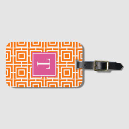 Etiqueta Para Maletas Preppy Square Lattice Monogram Orange & Hot Pink