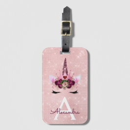 Etiqueta Para Maletas Princesa de Purpurina de Unicornio Rosa Monograma 
