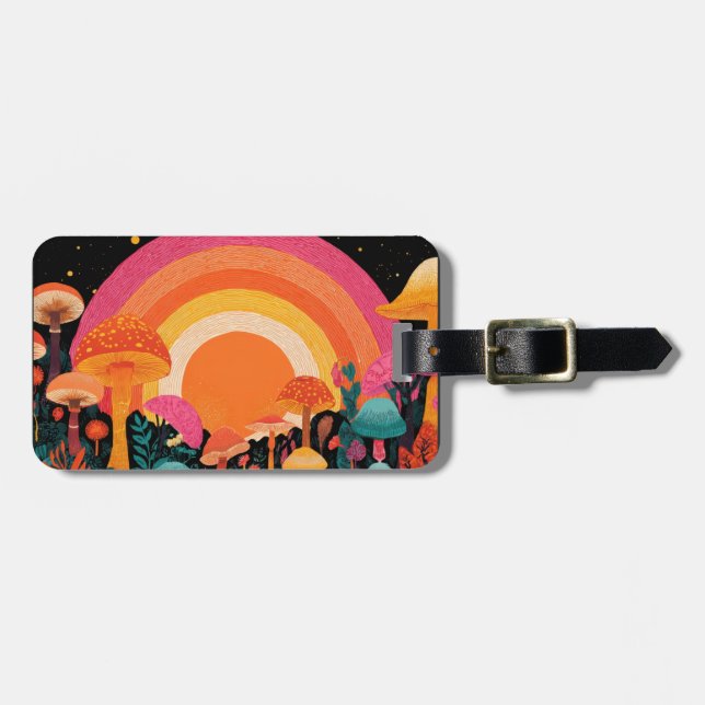 Etiqueta Para Maletas Psychedelic Mushroom Sunset – Retro Fantasy Nature (Frente Horizontal)