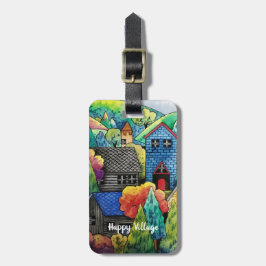 Etiqueta Para Maletas Pueblo Acuarela De La Colina Con Casas Coloridas