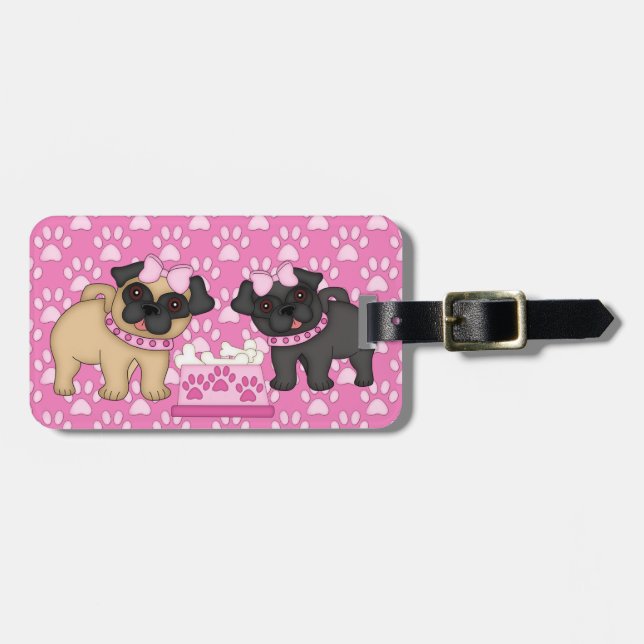 Etiqueta Para Maletas Pug Cuties Tiras y Rutas Rosadas - Personalizar (Frente Horizontal)
