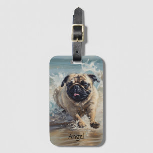 Etiqueta Para Maletas Pug Feliz en la Playa personalizable