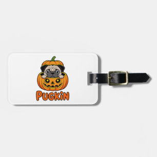 Etiqueta Para Maletas Pugkin de Halloween, perro Pug de calabaza