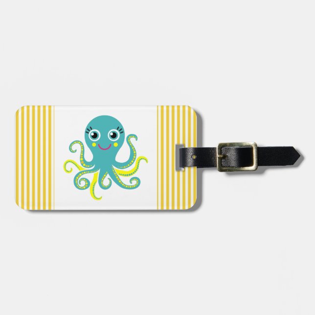Etiqueta Para Maletas Pulpo azul y amarillo (Frente Horizontal)