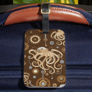Etiqueta Para Maletas Pulpo Steampunk Retro Fantasía Mecánica