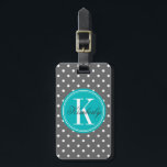 Etiqueta Para Maletas Punto de Polka gris con monograma Verde azulado<br><div class="desc">Diseño por SO. Copyright © Saturación orgánica</div>