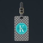 Etiqueta Para Maletas Punto de Polka gris con monograma Verde azulado<br><div class="desc">Diseño por SO. Copyright © Saturación orgánica</div>