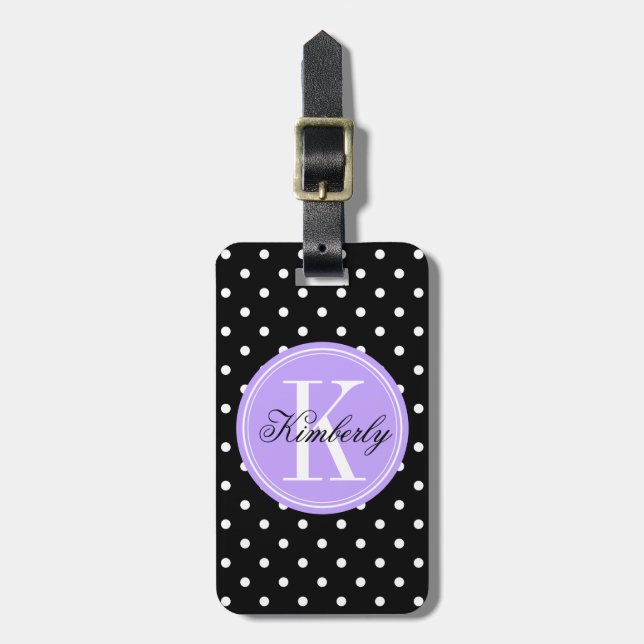 Etiqueta Para Maletas Punto de Polka Negro con monograma Lilac (Frente Vertical)